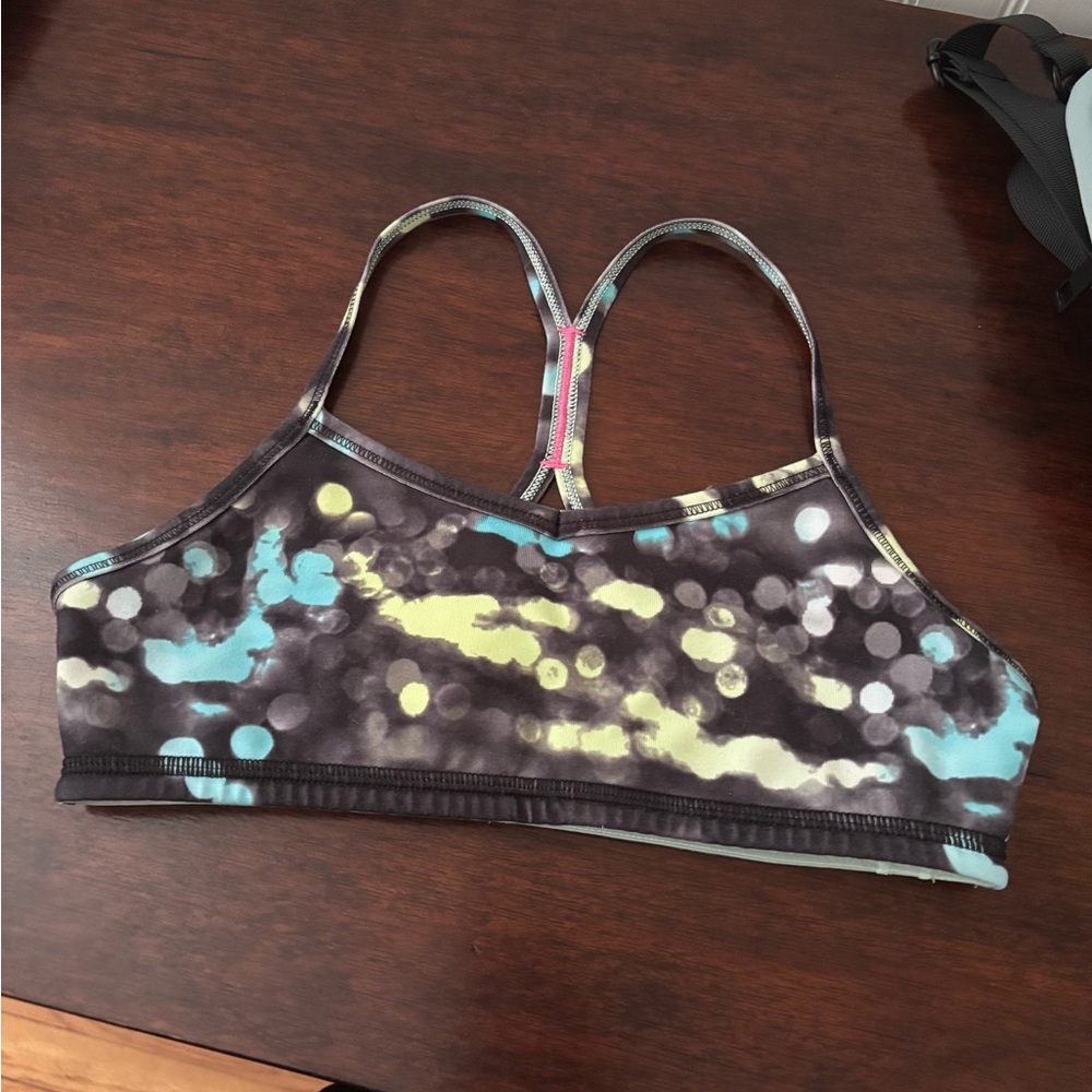 Ivivva Black Blue and Yellow Sporta Bra Whimsical Design size 12